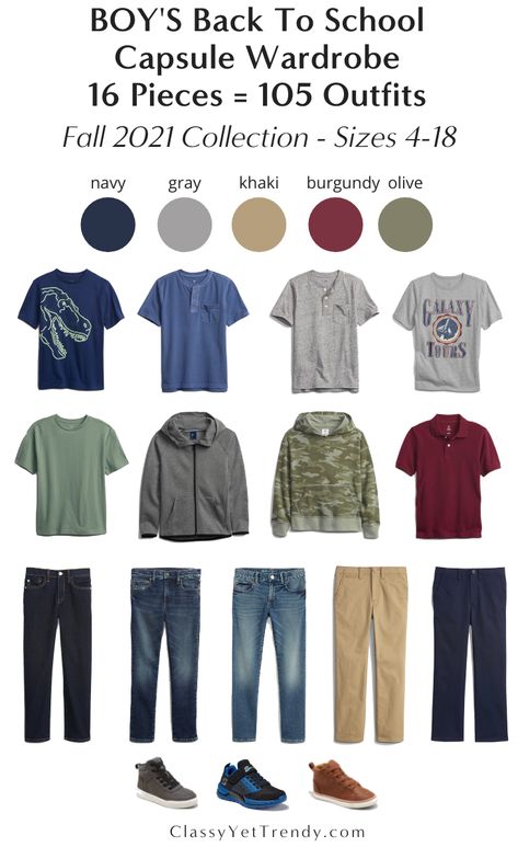 Boy's Back To School Capsule Wardrobe Fall 2021 – 16 Pieces = 105 Outfits #boyscapsulewardrobe #boyoutfits #backtoschool Guys Outfits, Boys School Outfits, Spring Summer Capsule Wardrobe, Neutral Capsule Wardrobe, Kids Winter Outfits, Classy Yet Trendy, Boys Fall Outfits, Minimal Wardrobe, Travel Capsule Wardrobe