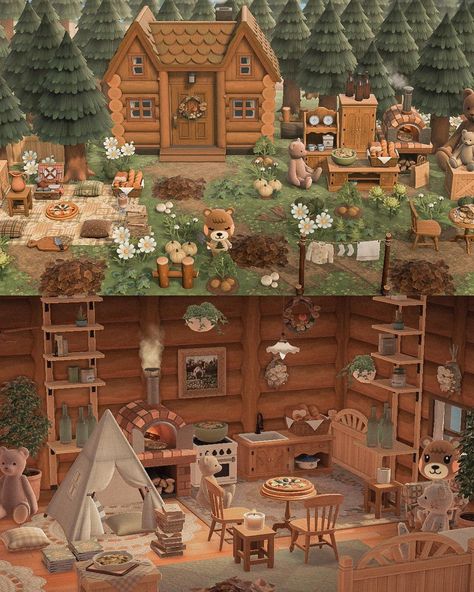 𝘤𝘢𝘭𝘭𝘪𝘦 on Instagram: “made maple her dream cabin with teddy bears 🧸🛌🌾 she’s my absolute favorite preset is brown sugar by @kyuubi_crossing all codes are under…” Animal Crossing House Interior Ideas Cottagecore, Acnh Home Exterior Design Ideas, Happy Home Designer Acnh Exterior, Animal Crossing Farm Home, Maple Animal Crossing House, Acnh Forestcore House Exterior, Bountiful Bear Bungalow Acnh, Acnh House Exterior Ideas Farm, Acnh Forest House