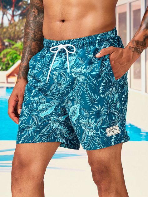 Green  Collar  Fabric Letter,Tropical Bottoms Embellished Non-Stretch  Men Clothing Swim Trunks For Men, Theme Nights, Boxer For Men, Car Apparel, Miami Outfits, Pool Boy, Collared Greens, Men's Swimwear, Fabric Letters