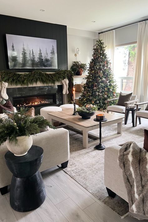 Trees In House, 3 Christmas Trees Together, 3 Christmas Trees, Black And White Color Scheme, Black Christmas Decorations, White Color Scheme, Cozy Christmas Decor, Living Room Design Inspiration, Christmas Interiors