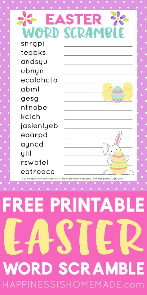 Easter Word Scramble: This free printable Easter Word Scramble puzzle is lots of fun for kids and adults alike! A fun Easter party game to play with guests of all ages! Great for class parties! Easter Group Activities, Easter Scattergories Free, Easter Trivia Games Free Printable, Easter Activities For Seniors, Egg Hunt For Adults, Joy Activities, Easter Activities For Adults, Adult Easter Games, Easter Word Scramble