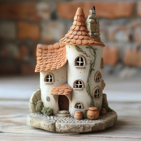 Made with durable clay, these miniature houses are resistant to breakage and chipping. Coil Clay Projects, Clay House Ideas, Stuff To Make With Clay, Clay City, House Sculpture, Tiny Garden Ideas, Detail Arsitektur, Craft Work For Kids, Fairy House Crafts