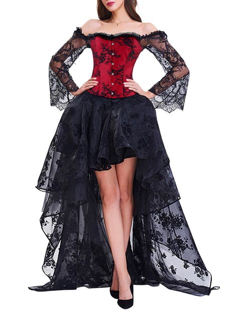 Red/black #Corsets #Top With High Low #Skirts | #fashion #womensfashion Blouse Corset, Long Lace Skirt, Corset And Skirt, Sukienki Plus Size, Sheer Jacket, Corset Skirt, Carnival Costume, 파티 드레스, Party Rock