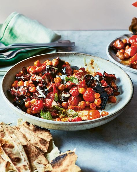 Aubergine, tomato and chickpea traybake | delicious. magazine Aubergine Recipe, Tray Bake Recipes, Vegetarian Cookbook, Delicious Magazine, Midweek Meals, Chickpea Recipes, Vegetarian Dinner, Jamie Oliver, Rice Dishes