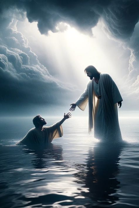 Jesus wallpaper art for your phone of Christ walking on water and saving Peter Peter Walks On Water, Jesus Background, Jesus Drawings, Jesus Christ Painting, Jesus Artwork, Jesus Christ Artwork, Pictures Of Christ, Jesus Photo, Jesus Christ Art