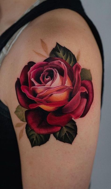 Feed Your Ink Addiction With 50 Of The Most Beautiful Rose Tattoo Designs For Men And Women|#tattoo #handtattoo #tattoos #rosetattoo #tattoorose 209 Beautiful Rose Tattoo, Burgundy Rose Tattoo, Red Rose Tattoo On Shoulder, Colour Rose Tattoo, Colored Rose Tattoo, 2 Roses Tattoo, Rose Tattoo Color, Color Rose Tattoo, Red Rose Tattoo Design