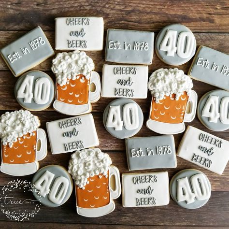 40th Birthday Cupcake Cakes For Men, Cheers And Beers To 40 Years Cake, Cheers Beers To 40 Years, 40th Fall Birthday Ideas, Cheers To 40 Years Cookies, 40th Birthday Desserts, Beers And Cheers To 40, 40 Birthday Cookies For Men, Cheers To 40 Years Decorations