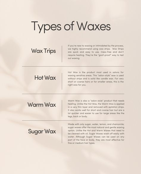 With so many waxes available, it's easy to feel lost. 😄⁠ But we got you! Here's a quick guide to help you pick the perfect wax for your needs. 🤍⁠ ⁠ ⁠ #waxingtips #waxingathome #underarmwax #sugarwax #tips #skincare #selfcare Waxing Supplies List, Face Waxing Tips At Home, Sugar Waxing Tips, Waxing Template, Waxing Logo, Waxing Aesthetic, After Wax Care, Waxing Business, Wax Specialist