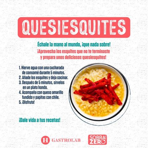 Si anoche se te antojaron unos esquites y te quedaron, ahora haz unos ¡quesiesquites! Ingredientes: 200 g de esquites 50 g queso amarillo para nachos 6 papas con chilito 300 mL de agua 1 cda consomé de pollo Mexican Food Recipes Easy, Nachos, Mexican Food, Recipes Easy, Mexican Food Recipes, Easy Meals