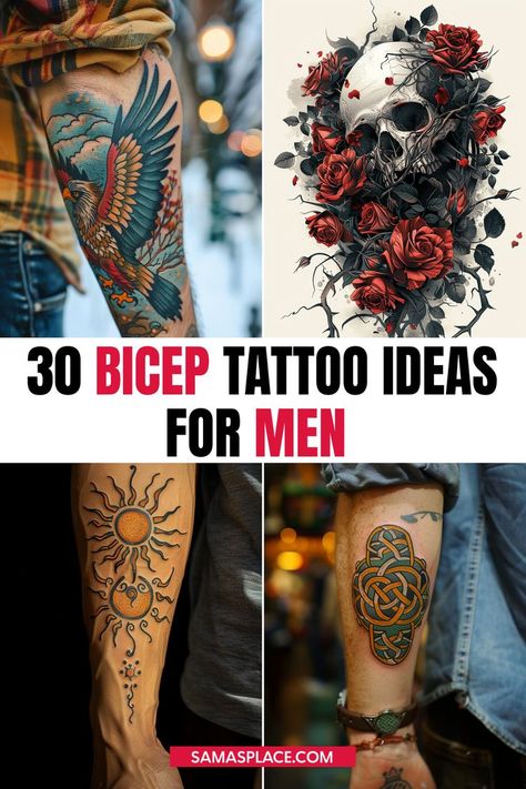 Bicep tattoo ideas for men with bold designs, from animals to geometric patterns and personal symbols. Inside Bicep Tattoo Men Half Sleeves, Tattoo On Biceps Men, Back Of Bicep Tattoo For Men, Tattoo Ideas For Men Upper Arm, Inner Bicep Tattoo Men, Inside Bicep Tattoo Mens, Tattoo On Bicep, Bicep Tattoo Ideas, Shading Colors