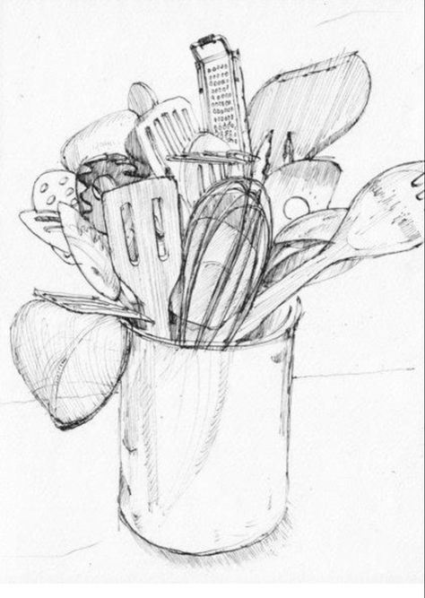 Kitchen Utensils Drawing, Kitchen Utensils Illustration, Utensils Drawing, Kitchen Drawing, Observational Drawing, Object Drawing, Desenho Tattoo, Arte Inspo, Food Drawing