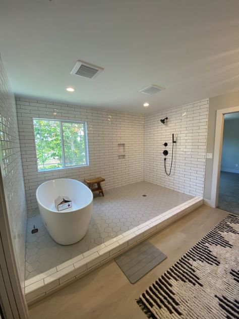 Shower With A Bathtub In It, Bath Tub Inside Shower Area Master Bath, Shower With Free Standing Tub Next To It, Wetroom Bathroom With Tub Layout, Wet Room With Tub Master Suite, Large Open Shower Ideas, Standard Size Bathroom Remodel, Walk In Shower No Door With Free Standing Tub, Tub In Shower Area Layout