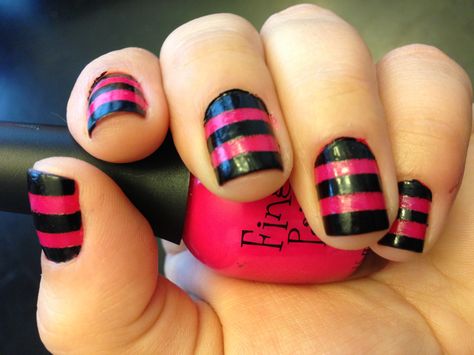 My Nails!  pink & black stripes Nails Pink And Black, Nails Pink Black, Band Nails, Striped Nails, Nails Pink, Nails Inspo, My Nails, Pink And Black, Pink Nails