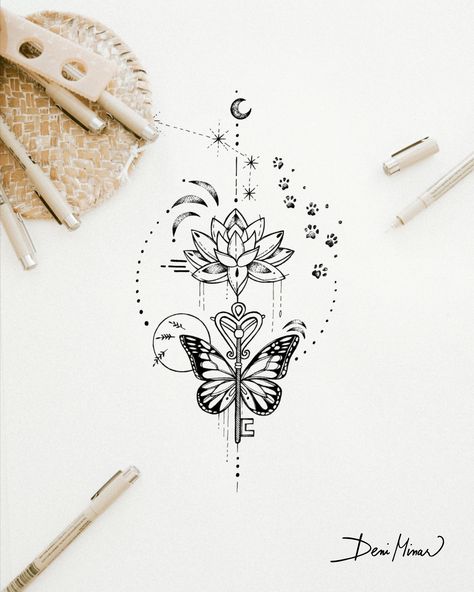 Hand-drawn tattoo designs of lotus flower with key and butterfly. Elegant symbol of wisdom, travelling, freedom and good vibes. The perfect choice for a travel and spirituality lover tattoo. This post is about - Tattoo ideas, Tattoo art, beautiful tattoo, traveller tattoo, tattoo for women, lotus tattoo, tattoo, travel tattoo, spirituality tattoo, tiny tattoo, butterfly tattoo. Delicate line drawings and original artworks by a Slovak artist Deni Minar. Email for custom design tattoos. Lotus Flower And Butterfly Tattoo, Butterfly Tattoo Forearm, Flower And Butterfly Tattoo, Lotus Tattoo Meaning, Butterfly With Flowers Tattoo, Paw Drawing, Lotus Flower Tattoo Design, Tattoo For Boyfriend, Butterfly Tattoo Meaning