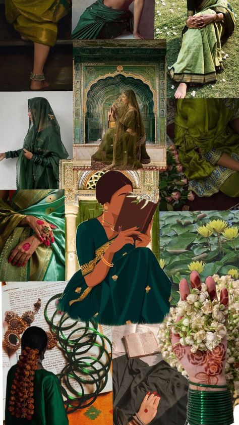 Collage Moodboard, Aesthetic Moodboard, Portfolio Web Design, Green Saree, Indian Aesthetic, Green Aesthetic, Beauty Accessories, Desi, Diva