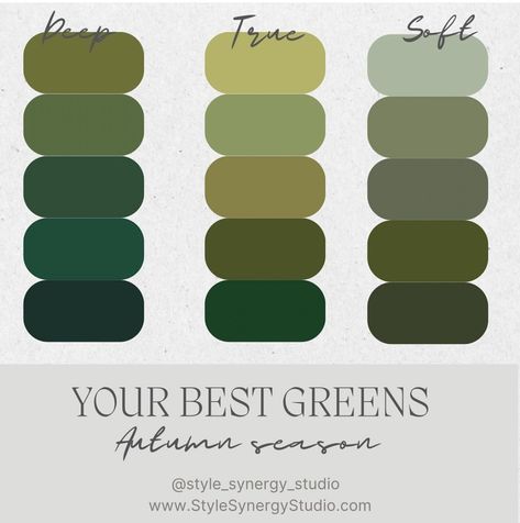 True Autumn Greens, Fall Color Pallet, Autumn Color Palette Fashion, Soft Autumn Palette, Colour Season, Deep Autumn Color Palette, Autumn Skin, Soft Autumn Color Palette, Color Seasons