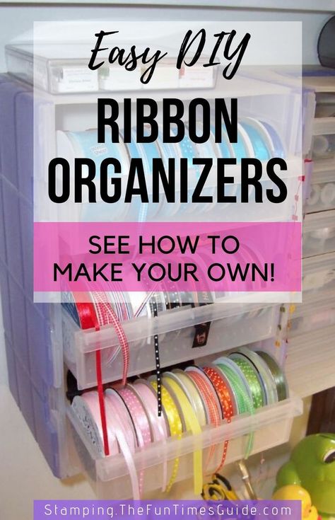 See my 1 favorite storebought ribbon organizer + 9 easy DIY ribbon organizers you can make yourself! #ribbons #bows #ribbonorganization #diyorganizers #organizing #christmaswrap #giftwrap #wrappinggifts Storage For Ribbon Organizing Ideas, Ribbon Holders Organizing, Organizing Ribbon In Craft Room, Ribbon Organization Diy, Craft Ribbon Organization, Store Ribbon Organizing Ideas, Organize Ribbon Rolls, Diy Ribbon Organization Ideas, How To Organize Ribbon Rolls