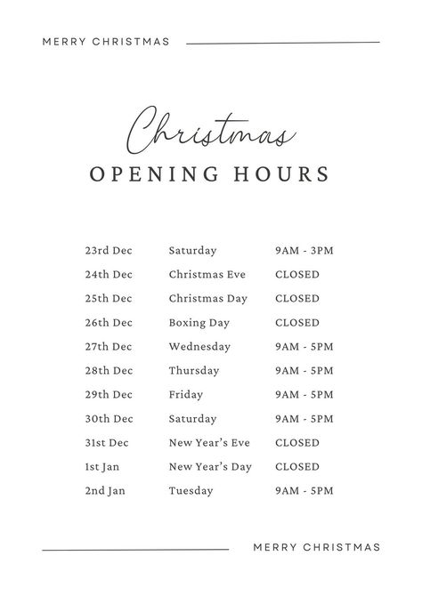 Christmas Opening Hours, Opening Hours Sign, Holiday Hours, White Minimalist, Christmas Poster, Opening Hours, Canva Templates, Free Christmas, Poster Template