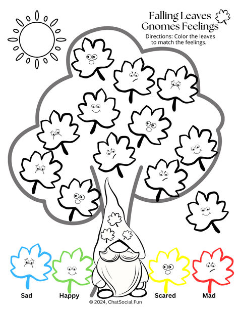 Celebrate the change in season with Falling Leaves Gnomes Feelings Worksheet.  Use the falling leaves to practice identifying the feelings of mad, scared, sad and happy. Color in the leaf feelings to match the energy levels. Fun resource to create a fall bulletin board.  Great emotions activity for school counseling, pre-k and kindergarten. Thanksgiving Social Emotional Activities, Activity For School, Fall Bulletin Board, Thanksgiving Bulletin Boards, Friendship Skills, Perspective Taking, Emotions Activities, Fall Bulletin Boards, Social Emotional Activities