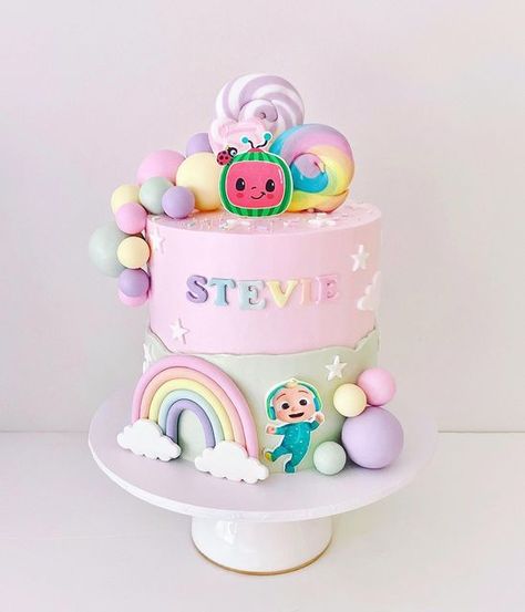 Cocomelon Cake Pastel Colors, Coconelon Girl Cake, Buttercream Cocomelon Cake, Easy Cocomelon Cake Ideas, Coco Melon Girl Party, Kue Ultah Cocomelon, Pink Cocomelon Cake, Cocomelon Girl Cake, Cocomelon Girl Birthday Party