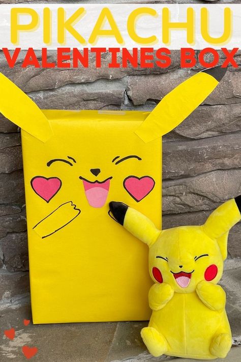 How to make your own Pokemon Pikachu Valentines Box - using a FREE template! #ValentinesBox Pikachu Valentines Boxes, Pikachu Valentines, Pokemon Valentines Box, Inhome Daycare, Pokemon Valentines, Make Your Own Pokemon, Pokemon Valentine, Diy Pokemon, Kids Valentine Boxes