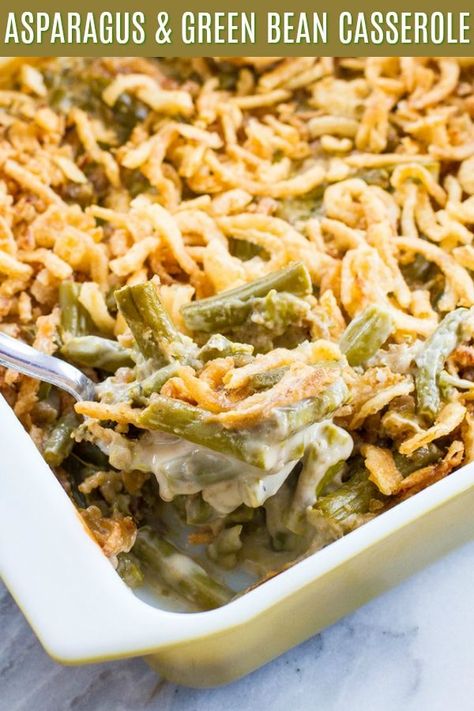 Shake up the classics and make this Asparagus Green Bean Casserole for your holiday meal! #Thanksgiving #easter #Christmas #holidays #greenbean #casserole #asparagus #mushroomsoup #recipe #eats Hamburger Green Bean Casserole, Hamburger Green Bean, Asparagus Casserole Recipes, Green Bean Casserole Crock Pot, Homemade Green Bean Casserole, Asparagus Casserole, Green Bean Casserole Easy, Easy Green Beans, Greenbean Casserole Recipe