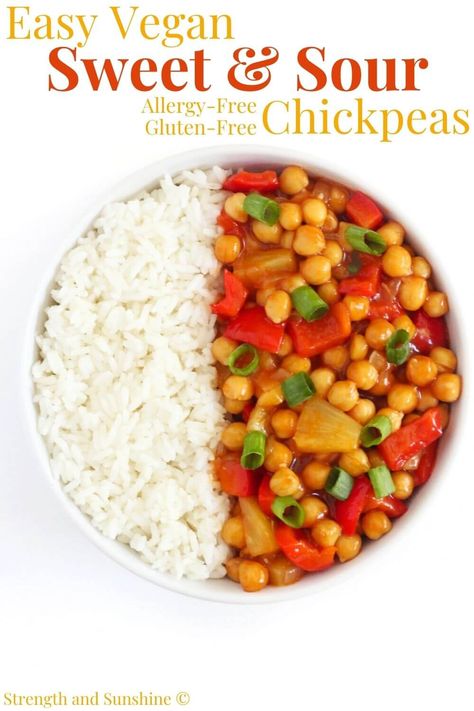 Sweet and Sour Chickpeas (Vegan, Gluten-Free) | Strength and Sunshine | Sweet and Sour Chickpeas is an easy vegan recipe for your favorite Chinese takeout! Gluten-free, allergy-free, and made without chicken! This quick weeknight meal is made in one pot with a simple sticky, sweet, and tangy sauce, tossed with chickpeas and veggies! It's a healthier way to enjoy sweet and sour without any deep-frying! Sweet And Sour Chickpeas, Gluten Free Main Dishes, Chinese Takeout, Wonderful Wednesday, Deep Frying, Quick Weeknight Meals, Easy Cooking Recipes, Vegan Recipe, Sweet And Sour