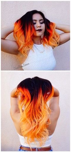 Orange Tipped Hair, Black Hair With Orange Tips, Black To Orange Hair, Orange And Black Hairstyles, Blonde Black Orange Hair, Orange Hair With Black Tips, Orange And Black Ombre Hair, Black Hair Orange Roots, Orange Hair Tips