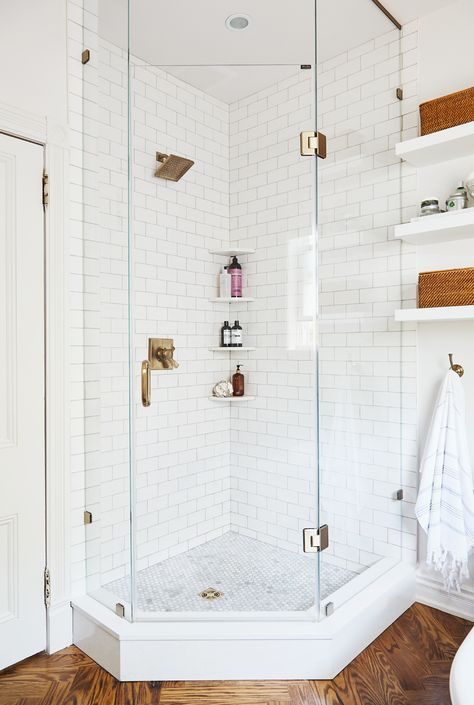 Parisian Inspired Bathroom, White Bathroom Interior Design, White Bathroom Interior, Small Bathroom With Shower, Basement Bathroom, Corner Shower, Upstairs Bathrooms, Family Bathroom, Shower Remodel