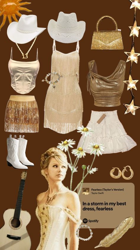 fearless eras tour outfit inspiration 💛🫶 Fearless Themed Outfits, Taylor Swift Fearless Inspired Outfits, Love Story Eras Tour Outfit, Fearless Concert Outfit, Eras Tour Outfits Inspiration, Taylor Swift Eras Tour Outfits Fearless, Fearless Inspired Outfits, Fearless Taylor Swift Eras Tour, Fearless Era Outfits