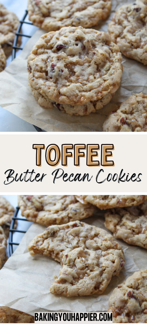 Toffee Butter Pecan Cake Mix Cookies, insanely addictive cookies loaded with toffee bits and chopped pecans for the perfect crunch! Butter Pecan Toffee Cookies, Pecan Toffee Cookies, Butter Pecan Cake Mix Cookies, Toffee Cookie Bars, Pecan Toffee, Pumpkin Pecan Cobbler, Fall Sweets, Mint Chocolate Cake, Toffee Chips