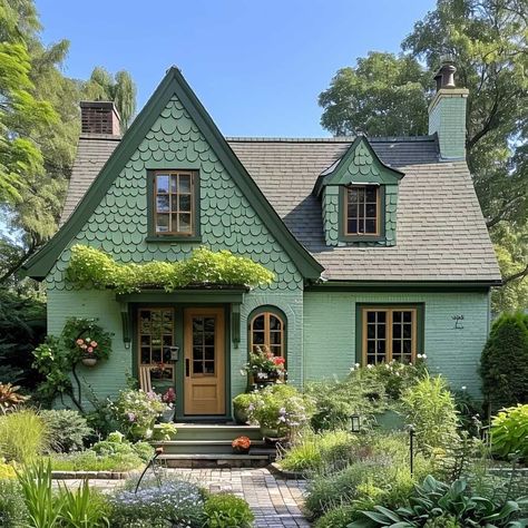 Colorful Tudor Exterior, Mint House Exterior, Witchy Cottage Exterior, Bright House Exterior, Colorful House Exterior, Home Exterior Styles, Cottage Paint Colors, Mint House, Green Exterior House Colors