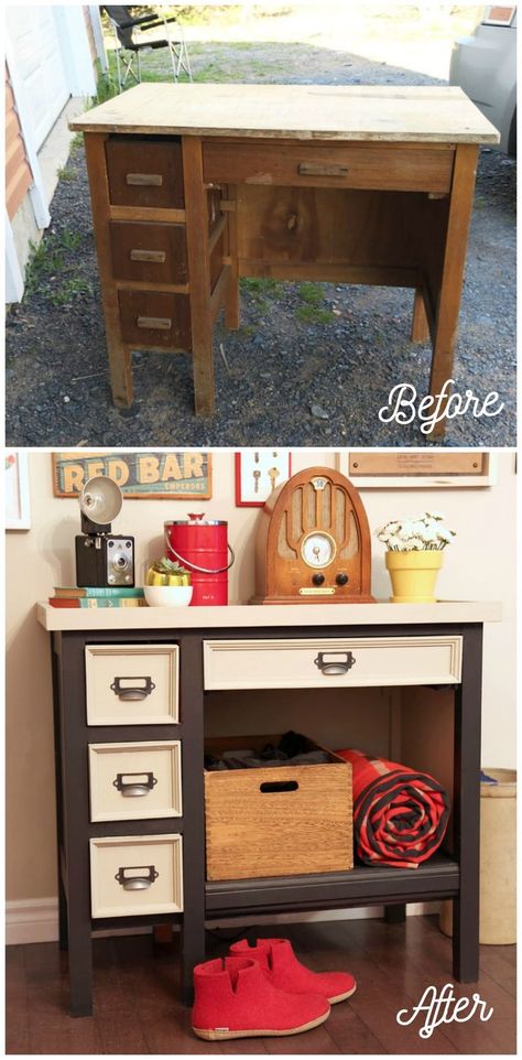 Before and After old desk makeover Old Desk Makeover, Reimagined Furniture, Diy Furniture Makeover Ideas, Desk Makeover, Furniture Rehab, Furniture Renovation, Lampe Design, Makeover Ideas, Diy Desk