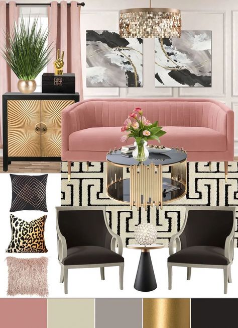 Chic Living Room Glam, Art Deco Glam Living Room, Simple Glam Living Room, Colorful Glam Living Room, Glam Living Room Mood Board, Pink Walls Living Room, Glam Living Room Decor Apartment, Glam Living Room Ideas, Mood Boards Interior Design