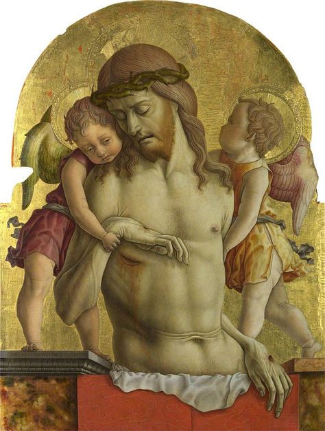 The Dead Christ supported by Two Angels / Cristo muerto sostenido por dos ángeles // about 1470-1475 // Carlo Crivelli // From an altarpiece in the Franciscan church at Montefiore dell'Aso near Fermo (in the Marches) // © The National Gallery,London // #GoodFriday #HolyWeek #Jesus Pieta Painting, Carlo Crivelli, Saint Catherine Of Alexandria, Image Of Jesus, Maria Magdalena, Religious Paintings, Religious Painting, Mary Magdalene, San Francesco