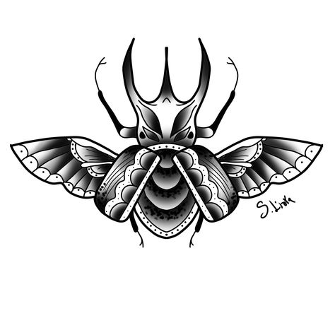 American Traditional Bug Tattoo Black, Old School Bug Tattoo, American Traditional Beetle Tattoo, Swallow And Flower Tattoo, American Traditional Beetle, Traditional Beetle Tattoo, Traditional Insect Tattoo, Traditional Bug Tattoo, Support Tattoo