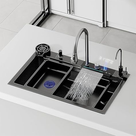 Premium 31.5 * 17.7 in Waterfall Sink - Drop In Workstation, 304 Stainless Steel Smart Sink Black Kitchen Sink, Nano Coating, Experience the Perfect blend of Aesthetics, Durability, Versatility - Amazon.com Grey Kitchen Sink, Waterfall Sink, Bathroom Etagere, Cat Tree Condo, Light Wall Art, Waterfall Faucet, Portable Toilet, Bowl Designs, Grey Kitchen