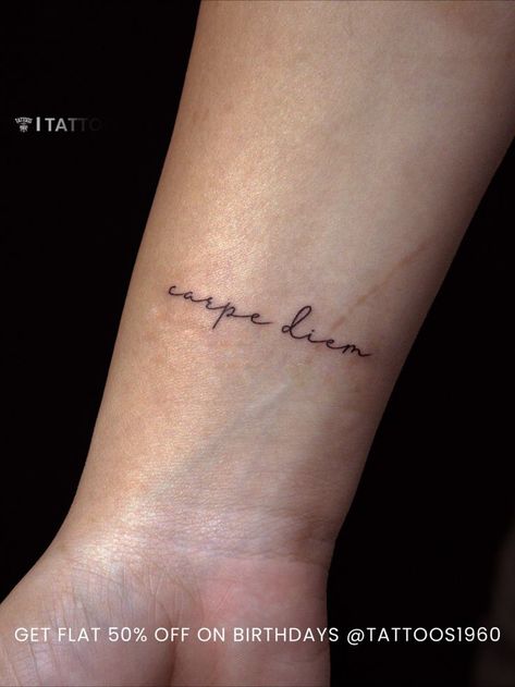 This simple yet powerful tattoo is a reminder to live in the moment and make the most of each day. "Carpe Diem" encourages you to embrace life’s opportunities and cherish the present. A timeless motto for those who live boldly and fearlessly. #CarpeDiemTattoo #SeizeTheDay #MinimalistInk #TattooArt #LiveInTheMoment #Tattoos1960 #InkedMotivation #TattooInspiration #BodyArt #LatinQuoteTattoo Tattoo Carpe Diem, Latin Quote Tattoos, Powerful Tattoo, Live Boldly, Seize The Day, Live In The Moment, Embrace Life, School Tattoo, Carpe Diem