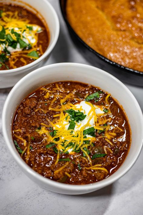 Best Texas Chili Recipe Real Chili Recipe, Best Texas Chili Recipe, Slow Cooker Texas Chili, Texas Chili Recipe, Meatless Chili, Leftover Chili, Texas Chili, Oxtail Recipes, Canning Diced Tomatoes