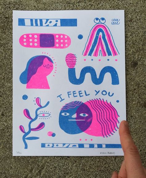 I Feel You is a brand new, limited edition risograph print from Portland based artist, Ryan Bubnis. The I Feel You print encourages you to be kind out there!Product Specs:2-color risograph print on 80 lb white stock Size: 8.5" x 11" Limited edition of 50Each print is hand numbered and signed by Ryan BubnisPrinted locally at Outlet here in Portland, Oregon.Comes packaged in a poly bag with rigid foam board backing. Ready to frame, hang and enjoy!Also available on 80 lb pink stock *See separate li Circle Drawings, Risograph Illustration, Risograph Design, Zine Design, Posca Art, Riso Print, Risograph Print, Arte Popular, Band Aid