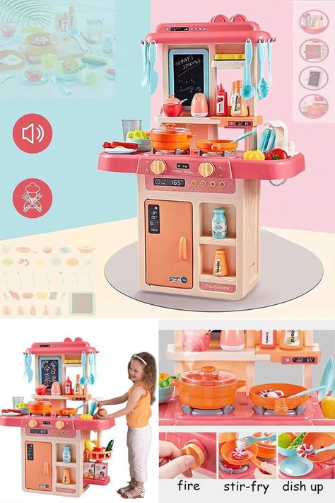 Dessert Shelf Toy and Barbie Kitchen Accessories Set for 4 Year Old, Pink Toys and Games Multifunctional Toy Kitchen Sets: Kitchen Sets Toys includes toy sink, cooking playset with mini pot and pan, with Realistic Lights & Sounds, Simulation of Spray, microwave oven and other accessories. Has everything children need to get their toy kitchen up and running for which add to the fun of the game and perfectly simulate the real Kitchen Toys.(requires 3 AA batteries not included） see more in link.... Cooking Playset, Kitchen Play Set, Pink Toys, Toy Kitchen Set, Kitchen Toys, How To Wash Vegetables, Pretend Play Food, Barbie Kitchen, Food Party