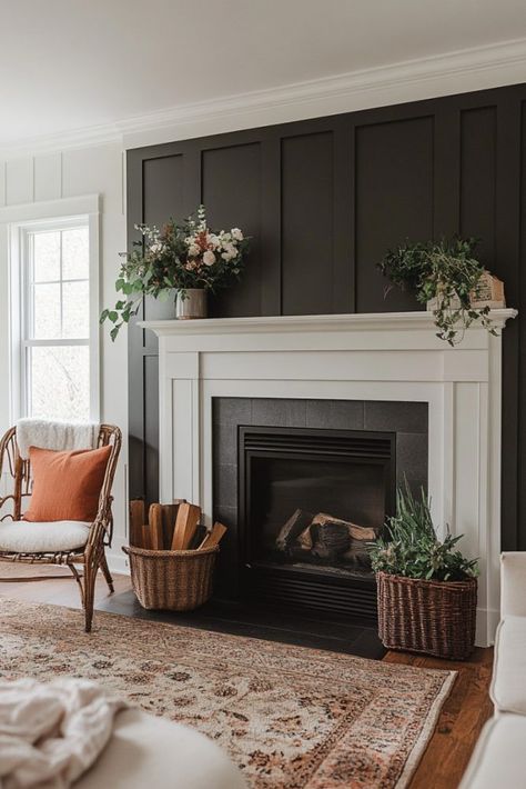 Board And Batten Fireplace, Tan Walls, Black Fireplace, Board And Batten Wall, Hearth Room, Living Room Update, Black Tiles, Fireplace Makeover, Room Update