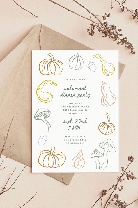 Fall Dinner Invitations, Fall Dinner Party Invitations, Fall Menu Design, Friendsgiving Invites, Thanksgiving Invites, Fall Hosting, Friendsgiving Invitations, Pumpkin Gourds, Thanksgiving Hosting