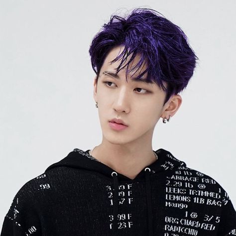 Changbin Dyed Hair, Bangchan Purple Hair, Dark Purple Hair Men, Changbin Purple Hair, Changbin Hair, Men Purple Hair, Hyunjin Black, Purple Hair Highlights, Dark Purple Hair