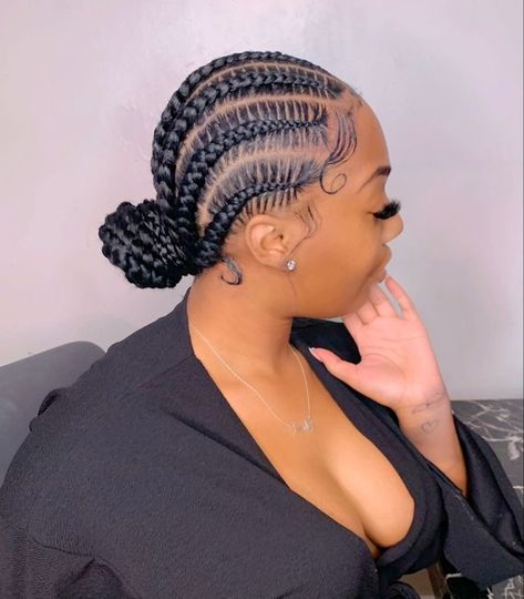 Cornrow Low Bun Black Women, Braids To The Back For Black Women Bun, Braided Back Bun Black Women, Conrow Ponytails Braids, Simple Cornrow Styles, 4 Braids Cornrows, 6 Straight Back Feed In Braids, Cornrows Braids Ponytail, Hairstyles Braids For Black Women