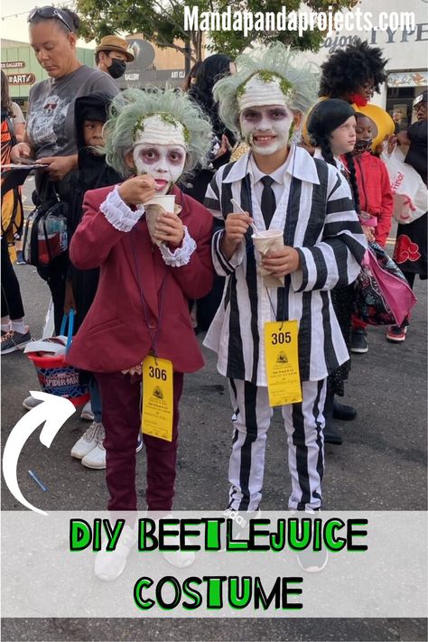 DIY your own Beetlejuice and Lydia Halloween costumes using only thrift store clothes and not only will you have best handmade costumes out there, but you’ll save a ton of money in the process too! As soon as they see that iconic black and white striped suit they’ll be screaming Beetlejuice! Beetlejuice! Beetlejuice! #diyhalloweencostumes #beetlejuice #thrifting Beetlejuice Costume Diy, Beetlejuice Wig, Maroon Wedding Suit, Beetlejuice Suit, Diy Beetlejuice, Beetlejuice And Lydia, Beetlejuice Halloween Costume, Thrift Store Clothes, Beetlejuice Costume