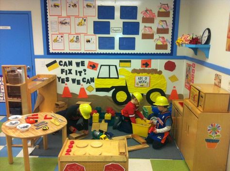 This is one of the enhancements for our dramatic play area. The children helped the teacher create a construction site during the tools and machines unit. The children used blocks, hammers, screw drivers, levels and so many more tools as they build different buildings, factories and structures. The children were arctitects, construction workers and used their imagination to be whatever they wanted to be! They used their hand-eye coordination, role paying skills, cooperation and problem-solvi... Construction Dramatic Play, Construction Play Area, Play Area Ideas, Dramatic Play Ideas, Construction Theme Classroom, Construction Theme Preschool, Preschool Construction, Dramatic Play Themes, Community Helpers Theme