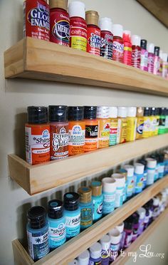 #papercraft #crafting supply #organization. *Craft Paint Storage {Wood Project}* This craft paint storage idea will get you organized in no time.www.skiptomylou.org #craftroom organizing #tutorial #lowescreator Diy Paint Rack, Paint Shelf Ideas, Paint Shelf Diy, Painting Shelves Ideas, Diy Paint Organizer, Workshop Organisation, Paint Shelf, Paint Organizer, Tall Shelf