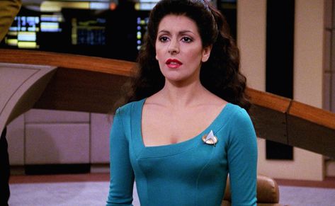 Deanna Troi Costume | Carbon Costume | DIY Dress-Up Guides for Cosplay & Halloween Deanna Troi Costume, Star Trek Communicator, Channel Outfits, Star Trek Costume, Great Costume Ideas, Deanna Troi, Marina Sirtis, Captain Janeway, Star Trek Tng