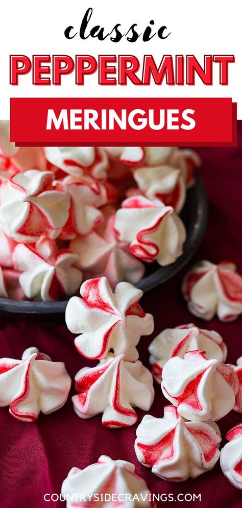 Peppermint Meringue Cookies, Peppermint Meringue, Easy Meringue Cookies, Simple Sweets, Low Calorie Cookies, Peppermint Meringues, Meringue Cookie Recipe, Baked Meringue, Delicious Christmas Cookies